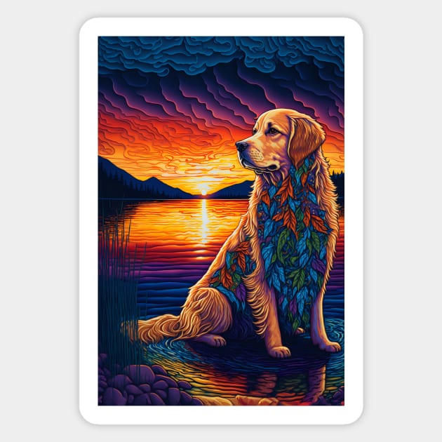 Golden Retriever at Sunset Sticker by GozuDesigns